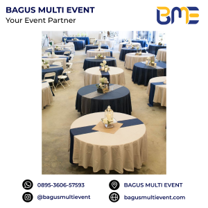 #BAGUS MULTI EVENT ALAT PESTA TERLENGKAP TERMURAH JABODETABEK TERPERCAYA MEJA BULAT ROUND TABLE COVER TEBAR PLUS TOPING